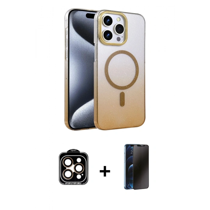 MARSİLYAN™- iPhone 15 Pro Max Kılıf Ahenk Doku Özel Seri - Siyah 3D Antistatik Hayalet Cam Ekran Koruyucu + PVD Metal Kamera Lens - TU