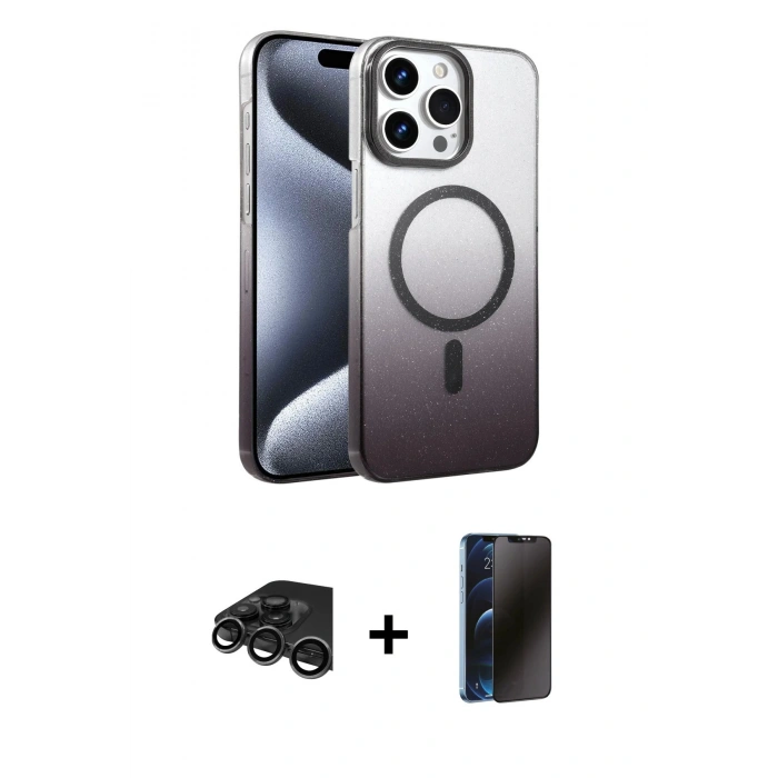 MARSİLYAN™- iPhone 15 Pro Max Kılıf Ahenk Doku Özel Seri - Siyah 3D Antistatik Hayalet Cam Ekran Koruyucu + Raze Metal Kamera Lens - TMGI