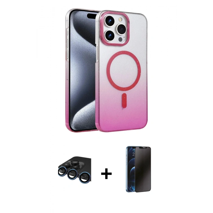 MARSİLYAN™- iPhone 15 Pro Max Kılıf Ahenk Doku Özel Seri - Siyah 3D Antistatik Hayalet Cam Ekran Koruyucu + Raze Metal Kamera Lens - LT