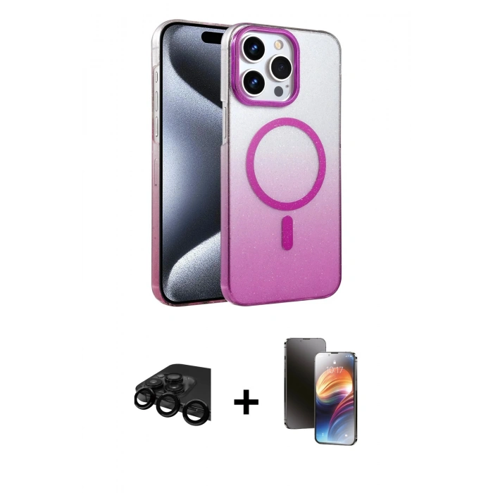 MARSİLYAN™- iPhone 15 Pro Max Kılıf Ahenk Doku Özel Seri - Siyah 3D Antistatik Mat Seramik Nano Ekran Koruyucu + Raze Metal Kamera Lens - SH