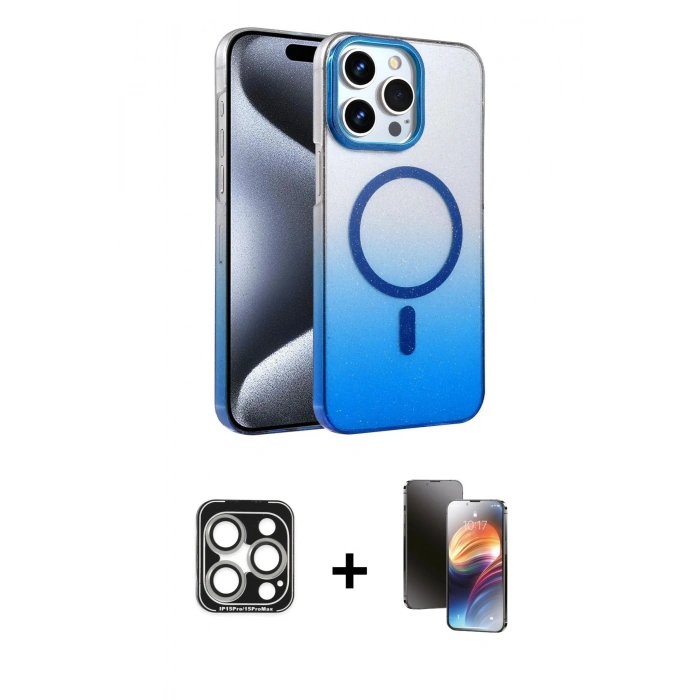 MARSİLYAN™- iPhone 15 Pro Max Kılıf Ahenk Doku Özel Seri - Siyah 3D Antistatik Mat Seramik Nano Ekran Koruyucu + Gümüş PVD Metal Kamera Lens