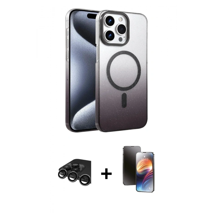 MARSİLYAN™- iPhone 15 Pro Max Kılıf Ahenk Doku Özel Seri - Siyah 3D Antistatik Mat Seramik Nano Ekran Koruyucu + Raze Metal Kamera Lens - TMGI