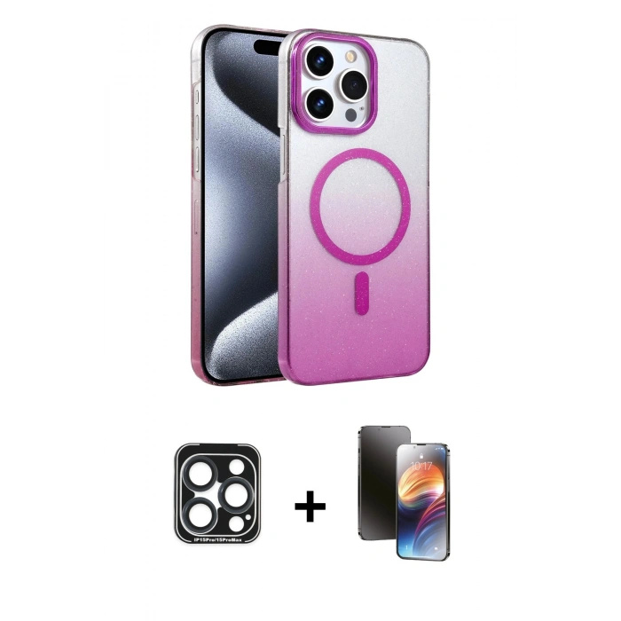 MARSİLYAN™- iPhone 15 Pro Max Kılıf Ahenk Doku Özel Seri - Siyah 3D Antistatik Mat Seramik Nano Ekran Koruyucu + PVD Metal Kamera Lens - LT