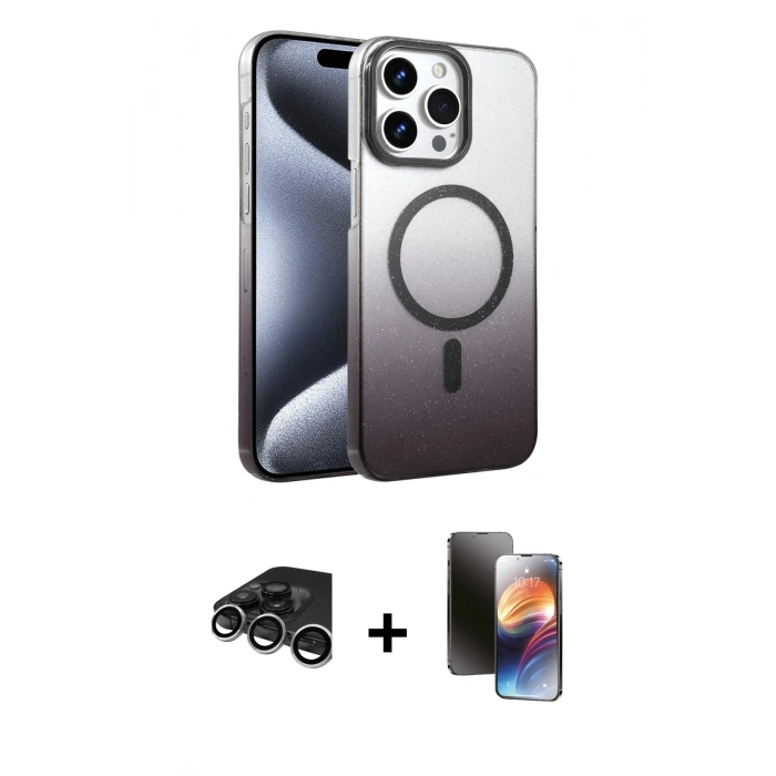 MARSİLYAN™- iPhone 15 Pro Max Kılıf Ahenk Doku Özel Seri - Siyah 3D Antistatik Mat Seramik Nano Ekran Koruyucu + Raze Metal Kamera Lens - GS