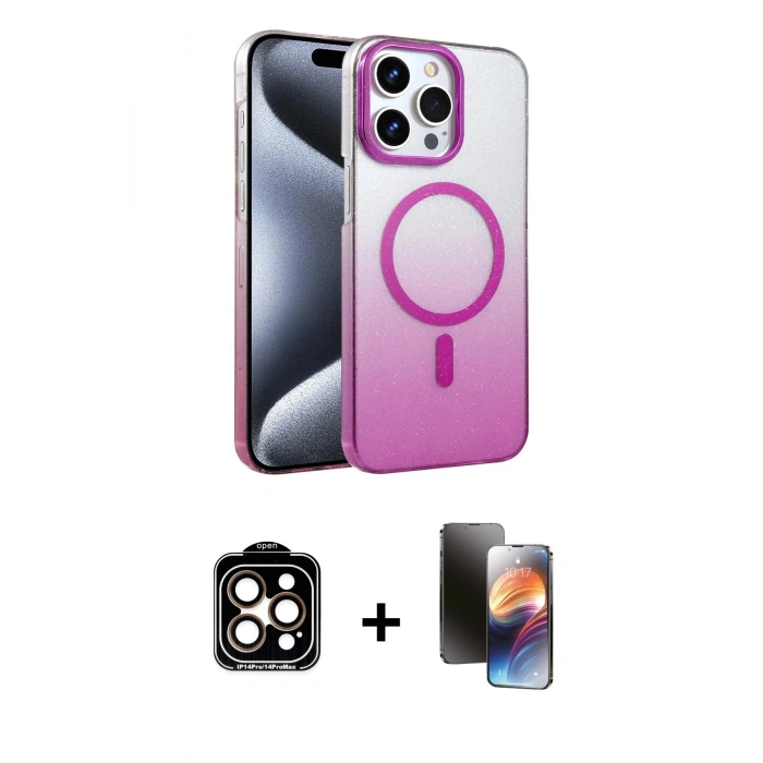MARSİLYAN™- iPhone 15 Pro Max Kılıf Ahenk Doku Özel Seri - Siyah 3D Antistatik Mat Seramik Nano Ekran Koruyucu + Turuncu PVD Metal Kamera Lens