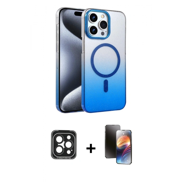 MARSİLYAN™- iPhone 15 Pro Max Kılıf Ahenk Doku Özel Seri - Siyah 3D Antistatik Mat Seramik Nano Ekran Koruyucu + Siyah PVD Metal Kamera Lens
