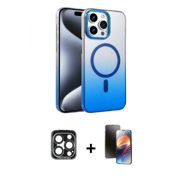 MARSİLYAN™- iPhone 15 Pro Max Kılıf Ahenk Doku Özel Seri - Siyah 3D Antistatik Mat Seramik Nano Ekran Koruyucu + PVD Metal Kamera Lens - LT