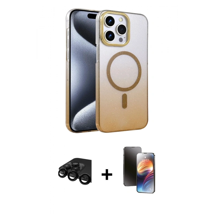 MARSİLYAN™- iPhone 15 Pro Max Kılıf Ahenk Doku Özel Seri - Siyah 3D Antistatik Mat Seramik Nano Ekran Koruyucu + Raze Metal Kamera Lens - SH