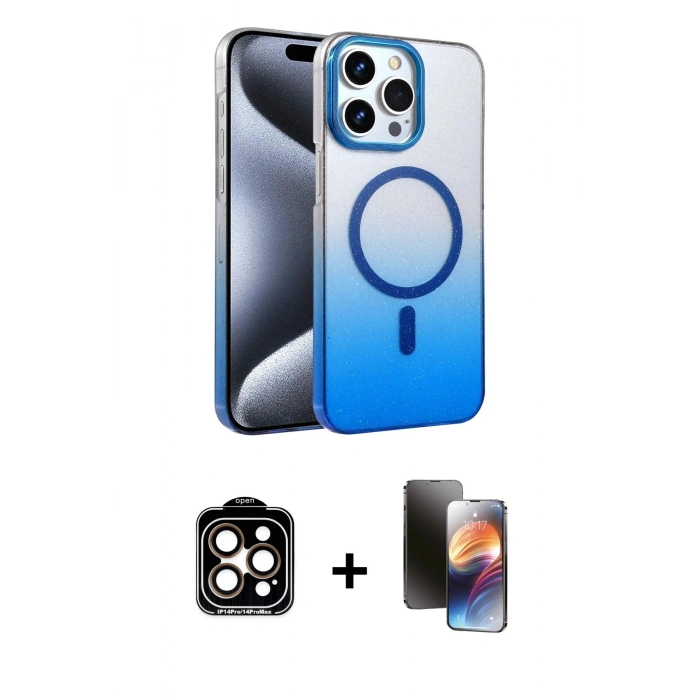 MARSİLYAN™- iPhone 15 Pro Max Kılıf Ahenk Doku Özel Seri - Siyah 3D Antistatik Mat Seramik Nano Ekran Koruyucu + Turuncu PVD Metal Kamera Lens