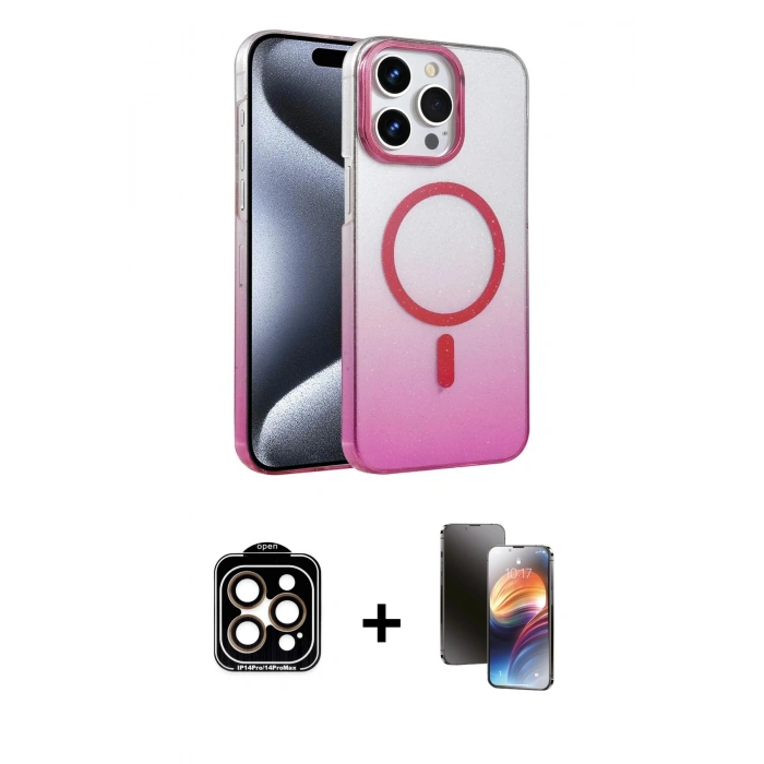 MARSİLYAN™- iPhone 15 Pro Max Kılıf Ahenk Doku Özel Seri - Siyah 3D Antistatik Mat Seramik Nano Ekran Koruyucu + Turuncu PVD Metal Kamera Lens