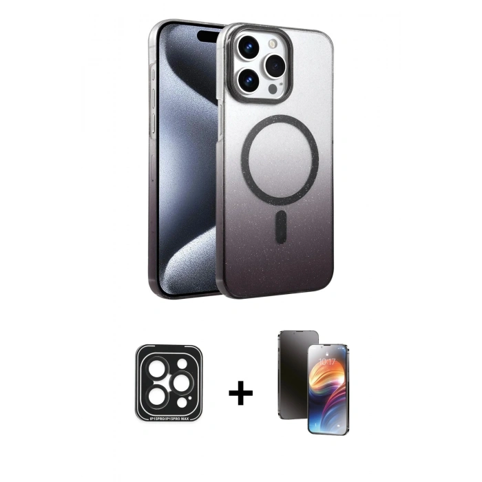 MARSİLYAN™- iPhone 15 Pro Max Kılıf Ahenk Doku Özel Seri - Siyah 3D Antistatik Mat Seramik Nano Ekran Koruyucu + Siyah PVD Metal Kamera Lens