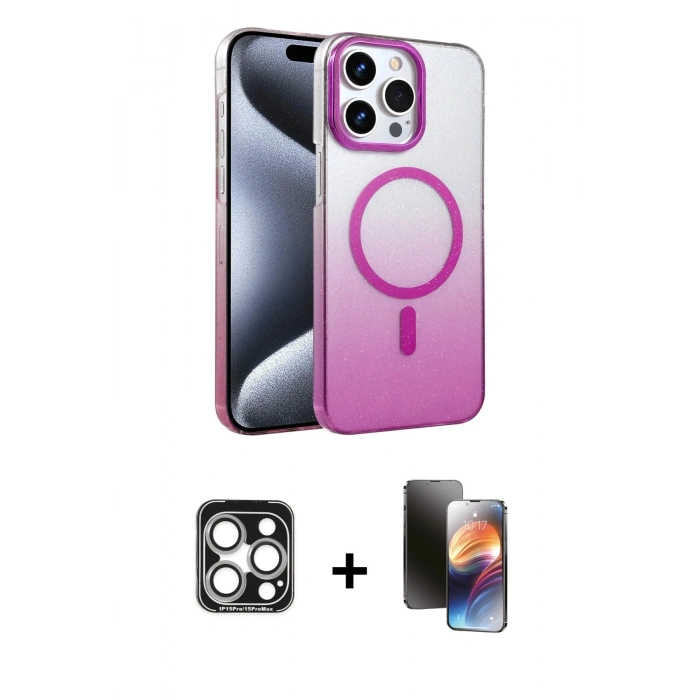 MARSİLYAN™- iPhone 15 Pro Max Kılıf Ahenk Doku Özel Seri - Siyah 3D Antistatik Mat Seramik Nano Ekran Koruyucu + Gümüş PVD Metal Kamera Lens