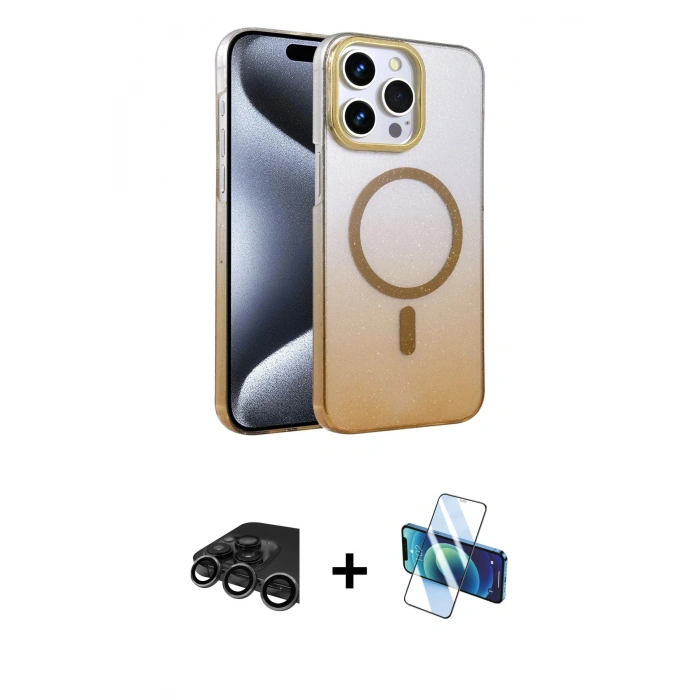 MARSİLYAN™- iPhone 15 Pro Max Kılıf Ahenk Doku Özel Seri - Siyah 3D Antistatik Seramik Nano Ekran Koruyucu + Raze Metal Kamera Lens - TMGI
