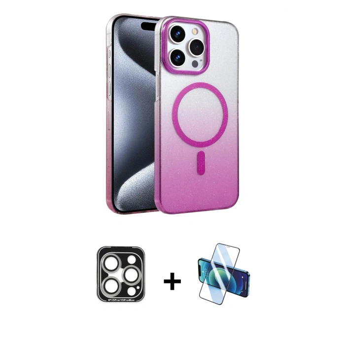 MARSİLYAN™- iPhone 15 Pro Max Kılıf Ahenk Doku Özel Seri - Siyah 3D Antistatik Seramik Nano Ekran Koruyucu + PVD Metal Kamera Lens - GS
