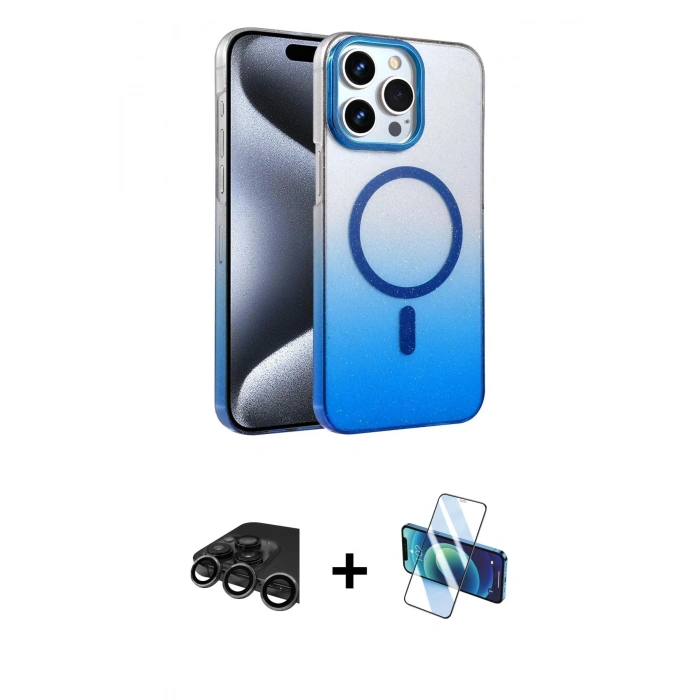 MARSİLYAN™- iPhone 15 Pro Max Kılıf Ahenk Doku Özel Seri - Siyah 3D Antistatik Seramik Nano Ekran Koruyucu + Raze Metal Kamera Lens - TMGI