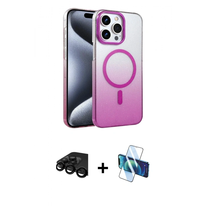 MARSİLYAN™- iPhone 15 Pro Max Kılıf Ahenk Doku Özel Seri - Siyah 3D Antistatik Seramik Nano Ekran Koruyucu + Raze Metal Kamera Lens - SH