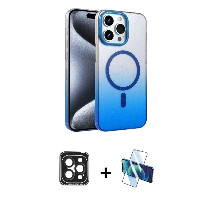 MARSİLYAN™- iPhone 15 Pro Max Kılıf Ahenk Doku Özel Seri - Siyah 3D Antistatik Seramik Nano Ekran Koruyucu + PVD Metal Kamera Lens - SH