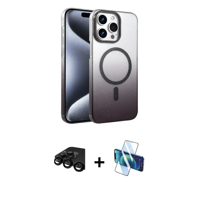 MARSİLYAN™- iPhone 15 Pro Max Kılıf Ahenk Doku Özel Seri - Siyah 3D Antistatik Seramik Nano Ekran Koruyucu + Raze Metal Kamera Lens - SH