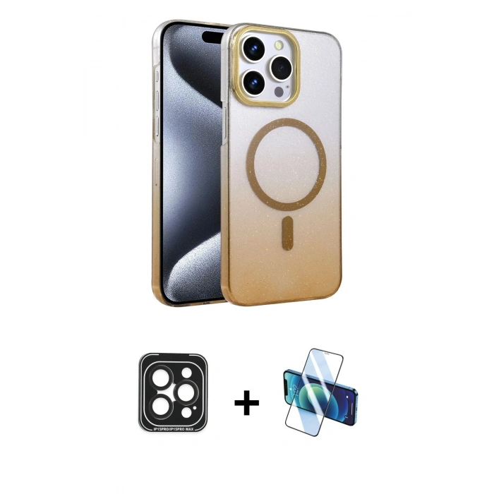 MARSİLYAN™- iPhone 15 Pro Max Kılıf Ahenk Doku Özel Seri - Siyah 3D Antistatik Seramik Nano Ekran Koruyucu + PVD Metal Kamera Lens - SH