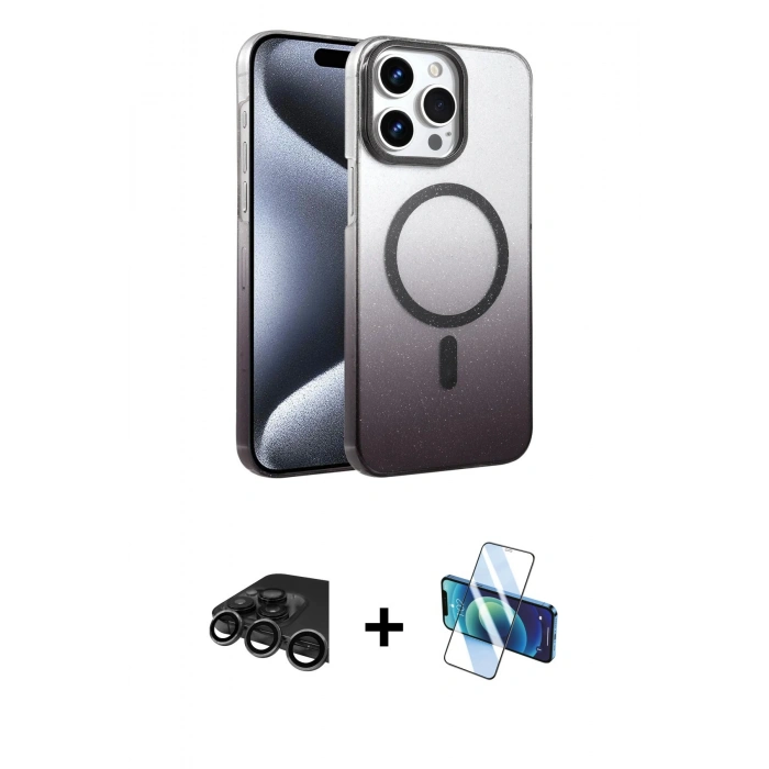 MARSİLYAN™- iPhone 15 Pro Max Kılıf Ahenk Doku Özel Seri - Siyah 3D Antistatik Seramik Nano Ekran Koruyucu + Raze Metal Kamera Lens - TMGI