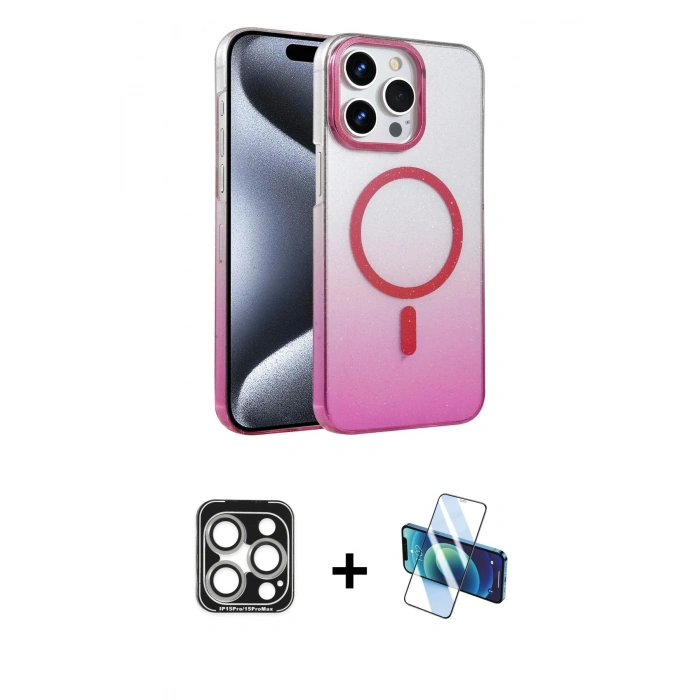 MARSİLYAN™- iPhone 15 Pro Max Kılıf Ahenk Doku Özel Seri - Siyah 3D Antistatik Seramik Nano Ekran Koruyucu + PVD Metal Kamera Lens - GS
