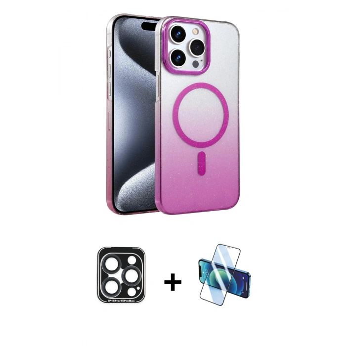 MARSİLYAN™- iPhone 15 Pro Max Kılıf Ahenk Doku Özel Seri - Siyah 3D Antistatik Seramik Nano Ekran Koruyucu + PVD Metal Kamera Lens - LT