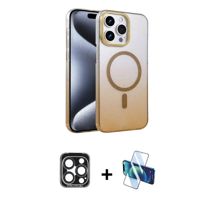 MARSİLYAN™- iPhone 15 Pro Max Kılıf Ahenk Doku Özel Seri - Siyah 3D Antistatik Seramik Nano Ekran Koruyucu + PVD Metal Kamera Lens - LT