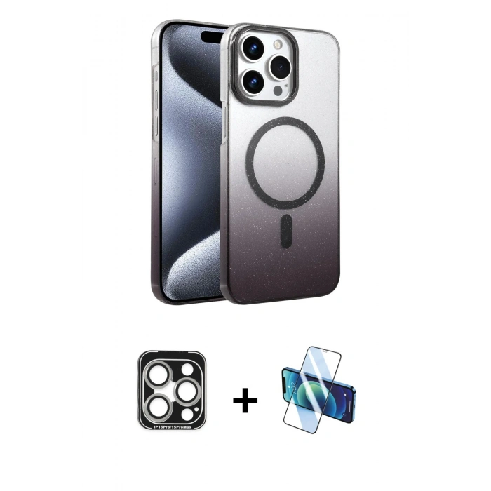 MARSİLYAN™- iPhone 15 Pro Max Kılıf Ahenk Doku Özel Seri - Siyah 3D Antistatik Seramik Nano Ekran Koruyucu + PVD Metal Kamera Lens - GS