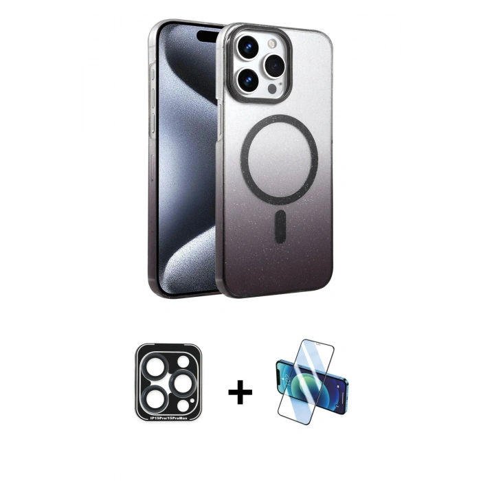 MARSİLYAN™- iPhone 15 Pro Max Kılıf Ahenk Doku Özel Seri - Siyah 3D Antistatik Seramik Nano Ekran Koruyucu + PVD Metal Kamera Lens - LT