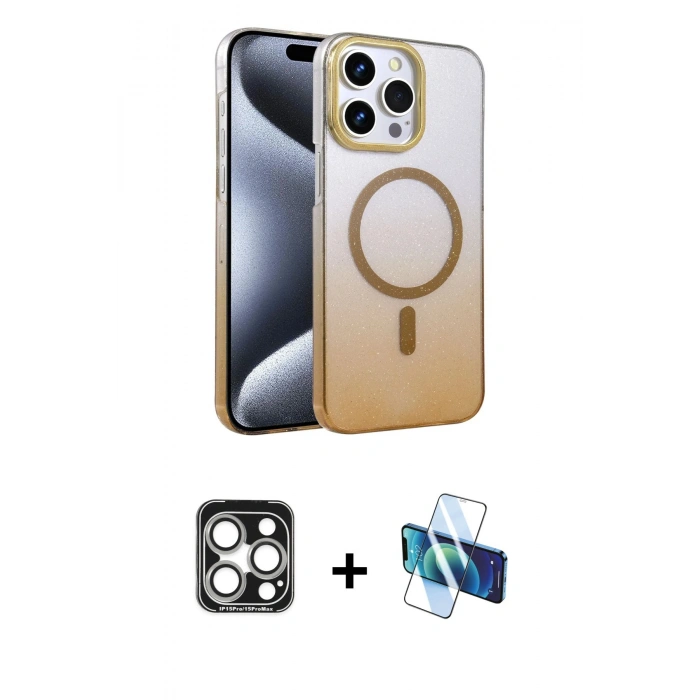 MARSİLYAN™- iPhone 15 Pro Max Kılıf Ahenk Doku Özel Seri - Siyah 3D Antistatik Seramik Nano Ekran Koruyucu + PVD Metal Kamera Lens - GS