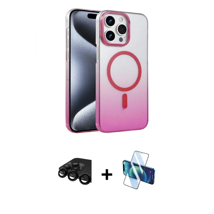 MARSİLYAN™- iPhone 15 Pro Max Kılıf Ahenk Doku Özel Seri - Siyah 3D Antistatik Seramik Nano Ekran Koruyucu + Raze Metal Kamera Lens - SH
