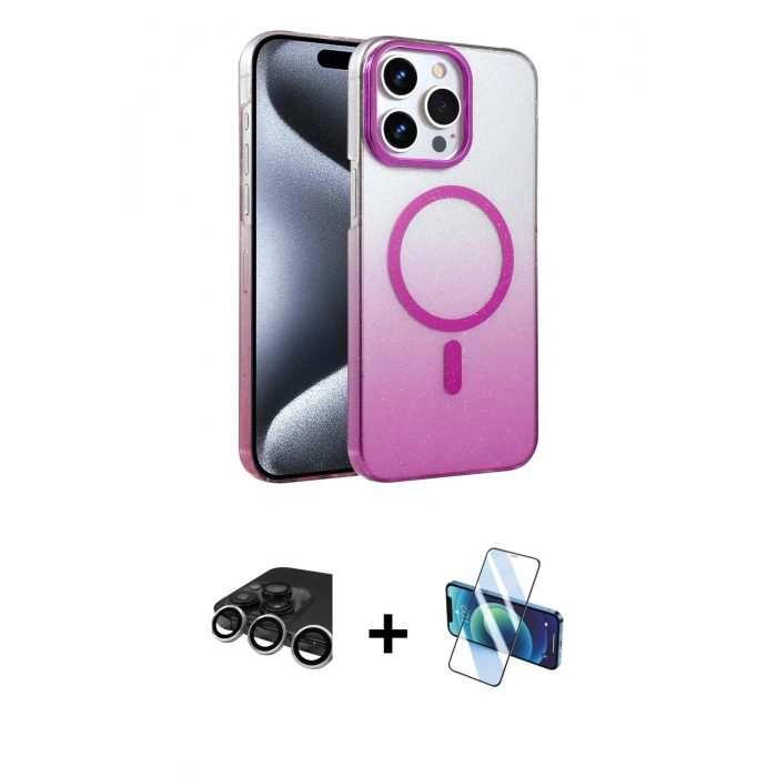 MARSİLYAN™- iPhone 15 Pro Max Kılıf Ahenk Doku Özel Seri - Siyah 3D Antistatik Seramik Nano Ekran Koruyucu + Raze Metal Kamera Lens - GS