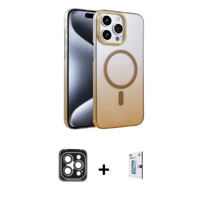 MARSİLYAN™- iPhone 15 Pro Max Kılıf Ahenk Doku Özel Seri - Siyah Bilvis 0.18mm Plus Cam Ekran Koruyucu + Gri PVD Metal Kamera Lens