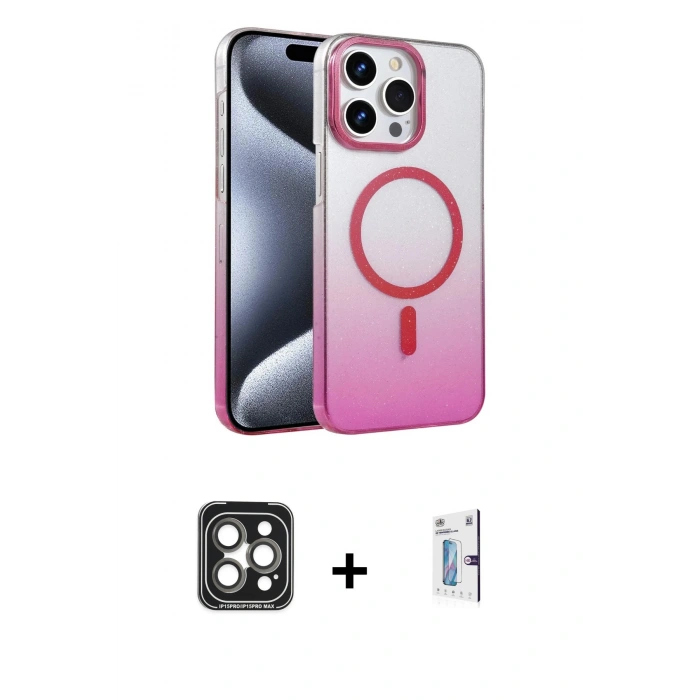 MARSİLYAN™- iPhone 15 Pro Max Kılıf Ahenk Doku Özel Seri - Siyah Bilvis 0.18mm Plus Cam Ekran Koruyucu + Gri PVD Metal Kamera Lens