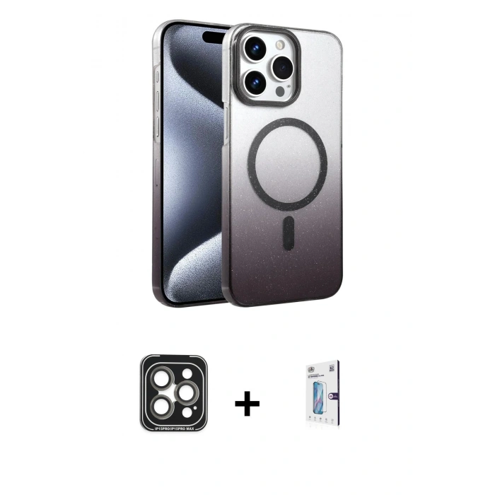 MARSİLYAN™- iPhone 15 Pro Max Kılıf Ahenk Doku Özel Seri - Siyah Bilvis 0.18mm Plus Cam Ekran Koruyucu + Gri PVD Metal Kamera Lens