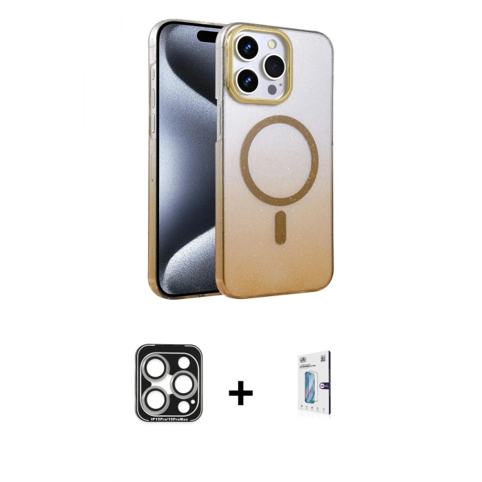 MARSİLYAN™- iPhone 15 Pro Max Kılıf Ahenk Doku Özel Seri - Siyah Bilvis 0.18mm Plus Cam Ekran Koruyucu + PVD Metal Kamera Lens - GS