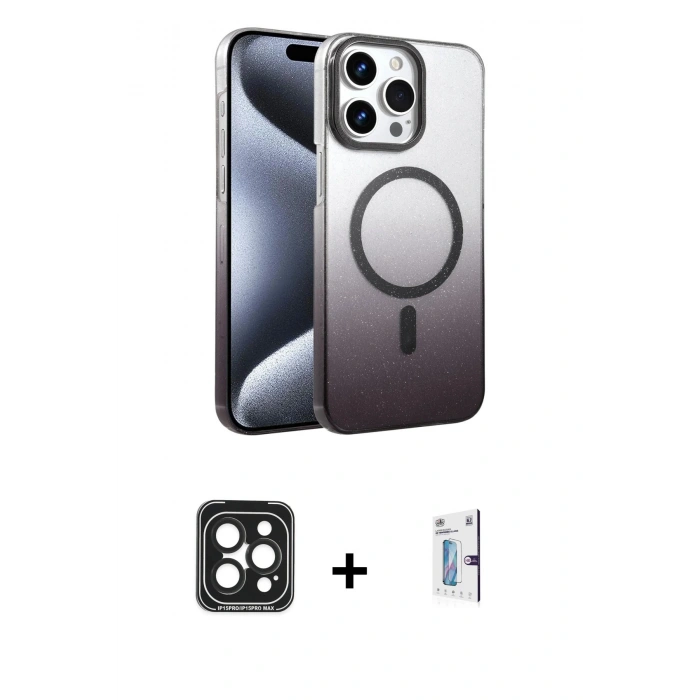 MARSİLYAN™- iPhone 15 Pro Max Kılıf Ahenk Doku Özel Seri - Siyah Bilvis 0.18mm Plus Cam Ekran Koruyucu + PVD Metal Kamera Lens - SH