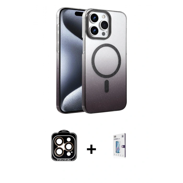 MARSİLYAN™- iPhone 15 Pro Max Kılıf Ahenk Doku Özel Seri - Siyah Bilvis 0.18mm Plus Cam Ekran Koruyucu + PVD Metal Kamera Lens - TU