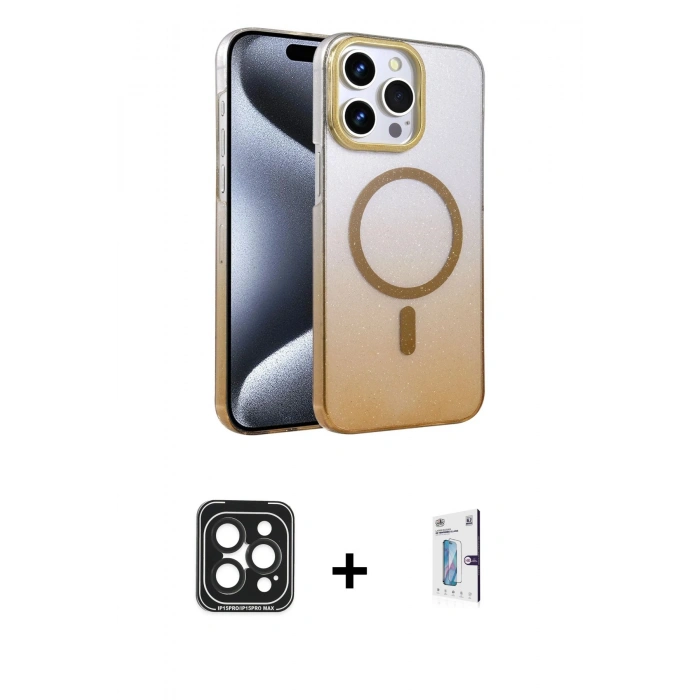 MARSİLYAN™- iPhone 15 Pro Max Kılıf Ahenk Doku Özel Seri - Siyah Bilvis 0.18mm Plus Cam Ekran Koruyucu + PVD Metal Kamera Lens - SH