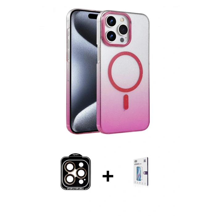 MARSİLYAN™- iPhone 15 Pro Max Kılıf Ahenk Doku Özel Seri - Siyah Bilvis 0.18mm Plus Cam Ekran Koruyucu + PVD Metal Kamera Lens - TU