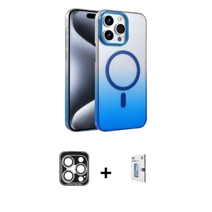 MARSİLYAN™- iPhone 15 Pro Max Kılıf Ahenk Doku Özel Seri - Siyah Bilvis 0.18mm Plus Cam Ekran Koruyucu + PVD Metal Kamera Lens - GS