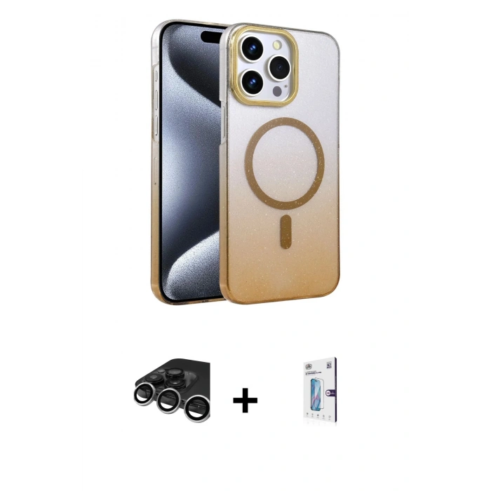 MARSİLYAN™- iPhone 15 Pro Max Kılıf Ahenk Doku Özel Seri - Siyah Bilvis 0.18mm Plus Cam Ekran Koruyucu + Raze Metal Kamera Lens - GS