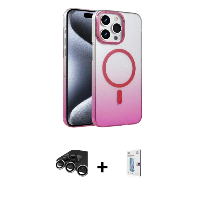 MARSİLYAN™- iPhone 15 Pro Max Kılıf Ahenk Doku Özel Seri - Siyah Bilvis 0.18mm Plus Cam Ekran Koruyucu + Raze Metal Kamera Lens - GS