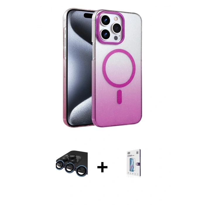 MARSİLYAN™- iPhone 15 Pro Max Kılıf Ahenk Doku Özel Seri - Siyah Bilvis 0.18mm Plus Cam Ekran Koruyucu + Raze Metal Kamera Lens - LT