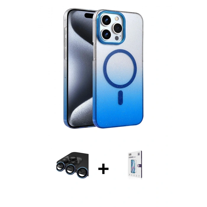 MARSİLYAN™- iPhone 15 Pro Max Kılıf Ahenk Doku Özel Seri - Siyah Bilvis 0.18mm Plus Cam Ekran Koruyucu + Raze Metal Kamera Lens - LT