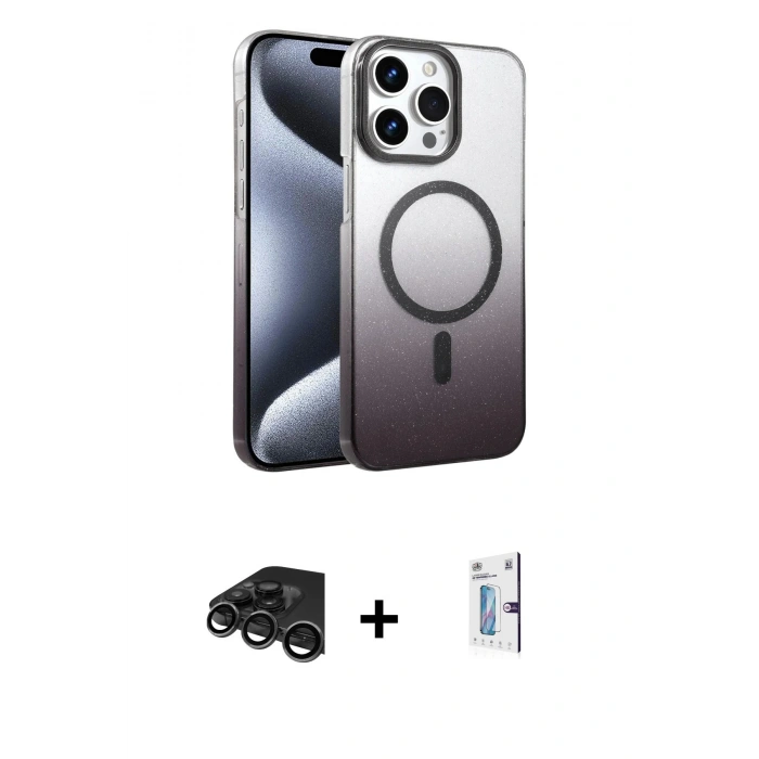 MARSİLYAN™- iPhone 15 Pro Max Kılıf Ahenk Doku Özel Seri - Siyah Bilvis 0.18mm Plus Cam Ekran Koruyucu + Raze Metal Kamera Lens - TMGI