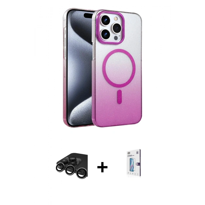 MARSİLYAN™- iPhone 15 Pro Max Kılıf Ahenk Doku Özel Seri - Siyah Bilvis 0.18mm Plus Cam Ekran Koruyucu + Raze Metal Kamera Lens - TMGI