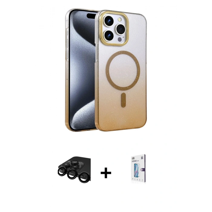 MARSİLYAN™- iPhone 15 Pro Max Kılıf Ahenk Doku Özel Seri - Siyah Bilvis 0.18mm Plus Cam Ekran Koruyucu + Raze Metal Kamera Lens - SH