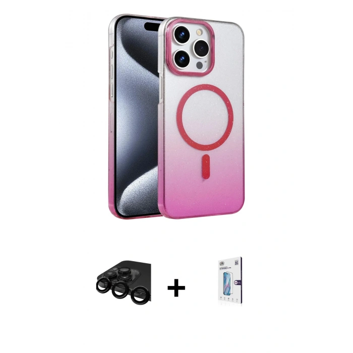 MARSİLYAN™- iPhone 15 Pro Max Kılıf Ahenk Doku Özel Seri - Siyah Bilvis 0.18mm Plus Cam Ekran Koruyucu + Raze Metal Kamera Lens - SH