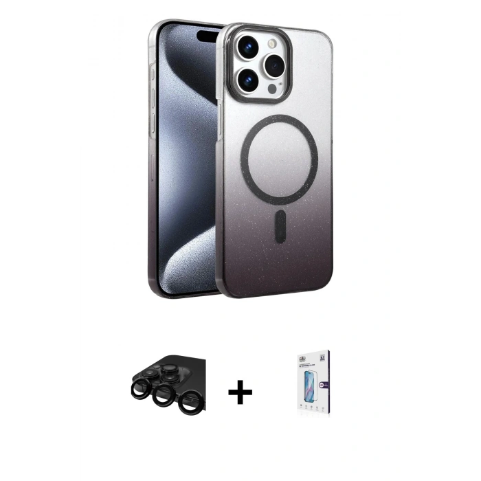 MARSİLYAN™- iPhone 15 Pro Max Kılıf Ahenk Doku Özel Seri - Siyah Bilvis 0.18mm Plus Cam Ekran Koruyucu + Raze Metal Kamera Lens - SH